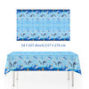 A rectangular blue fabric featuring a pattern of silver and blue fish for an ocean-themed party decoration.