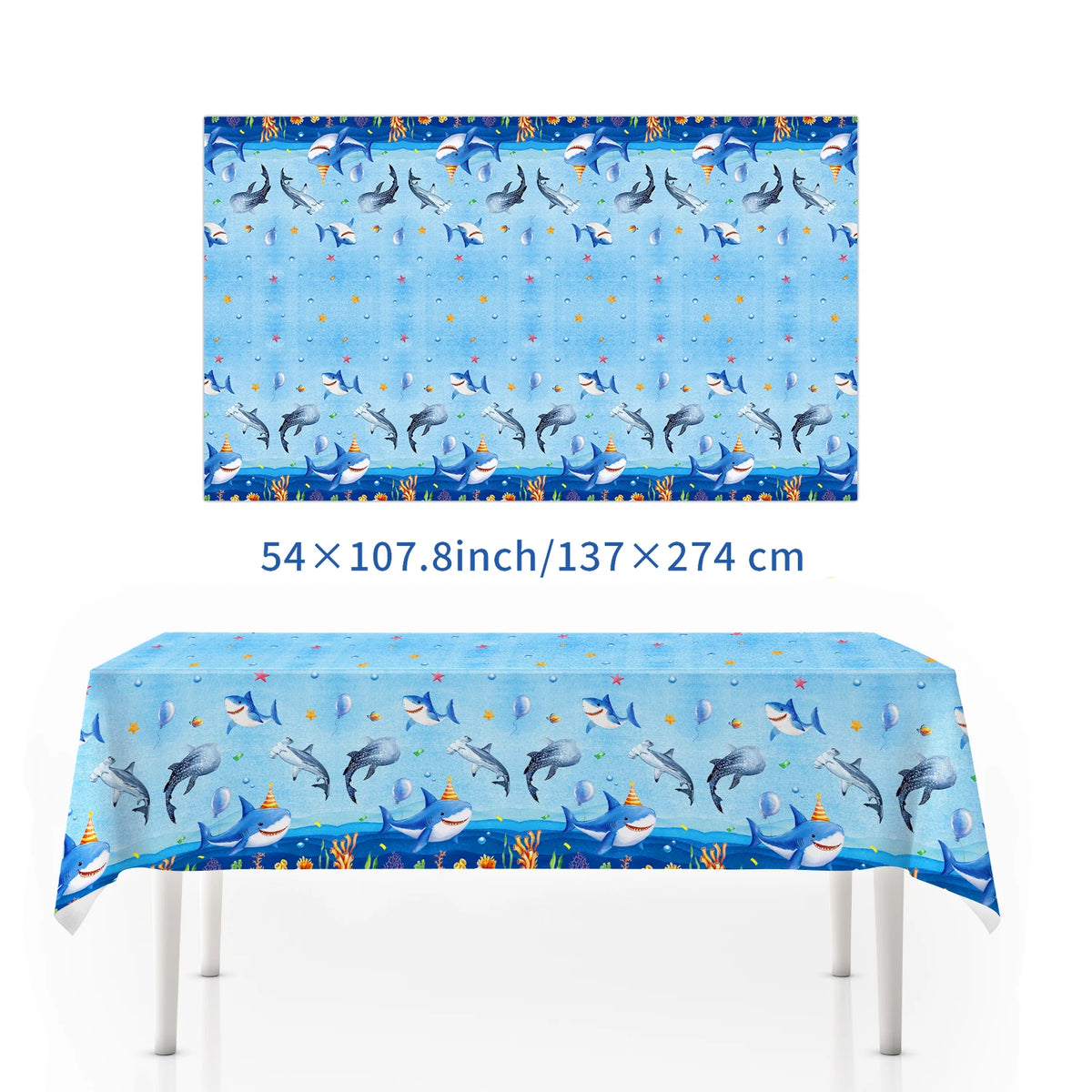 A rectangular blue fabric featuring a pattern of silver and blue fish for an ocean-themed party decoration.