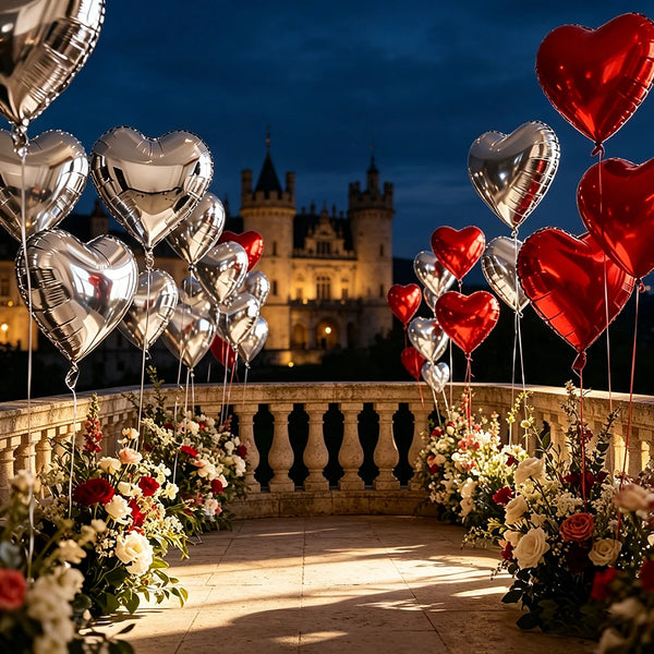 A display of silver and red heart foil balloons arranged around a stone balustrade at dusk.