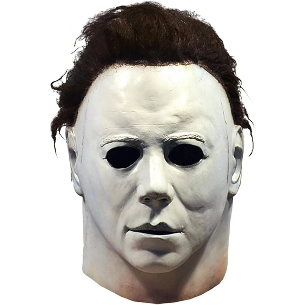 A white latex mask sculpted to resemble a pale, emotionless human face for horror or cosplay.