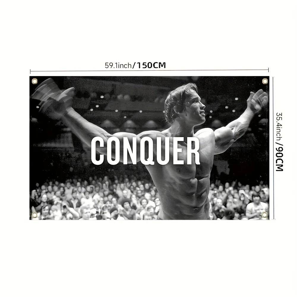 A black and white photo of Arnold Schwarzenegger flexing during a competition, used as a motivational banner.