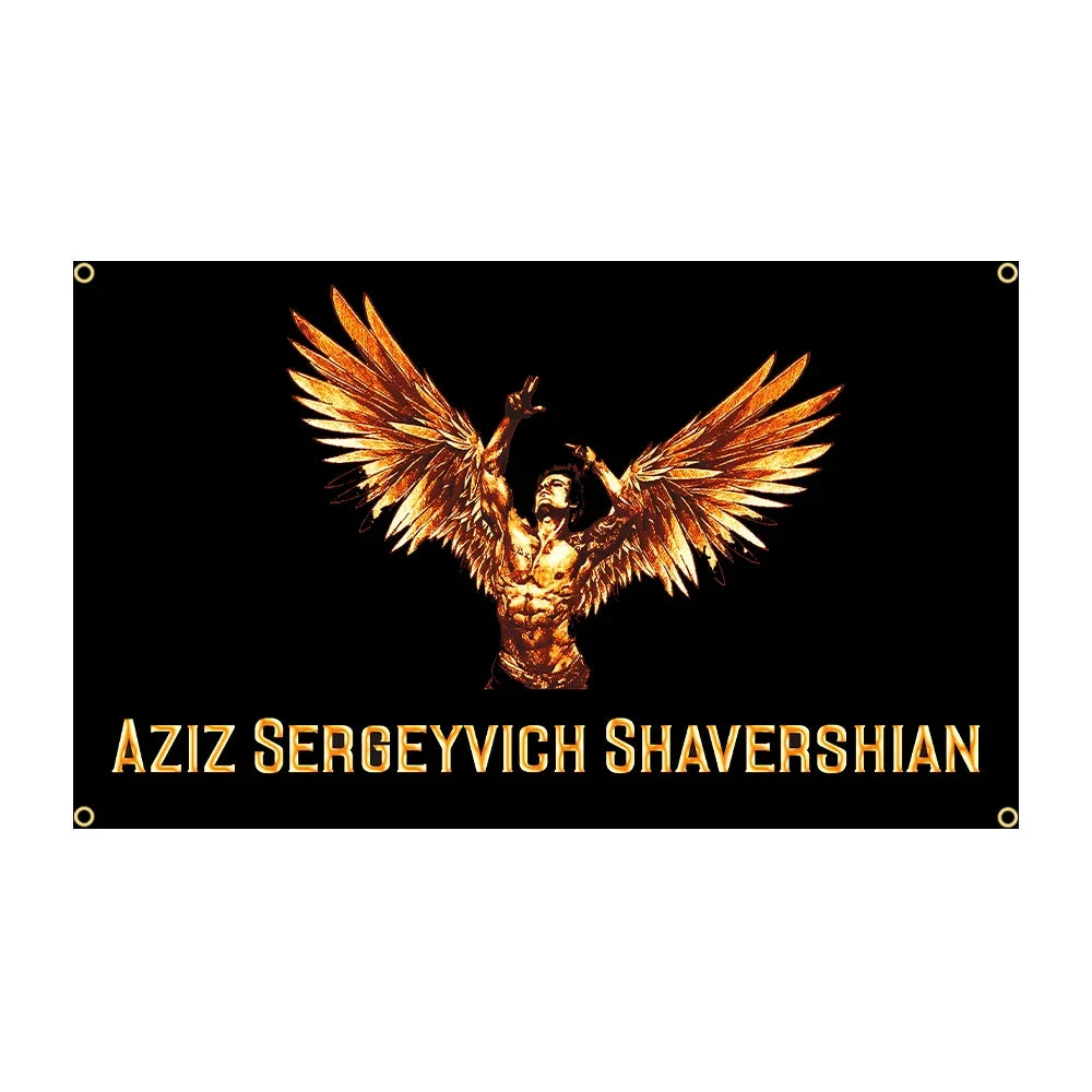 A banner featuring a golden winged figure against a black background.
