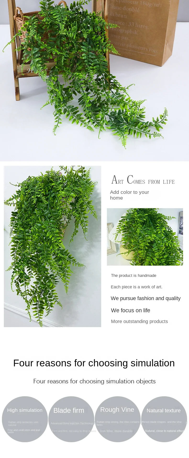 A long, green artificial ivy vine garland draped across a white surface.