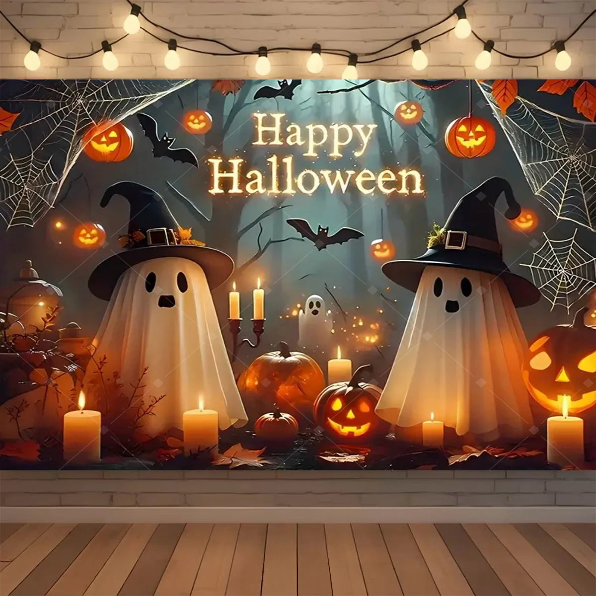 A Halloween neon backdrop featuring a ghost, bat, and pumpkin theme for a photo booth background.