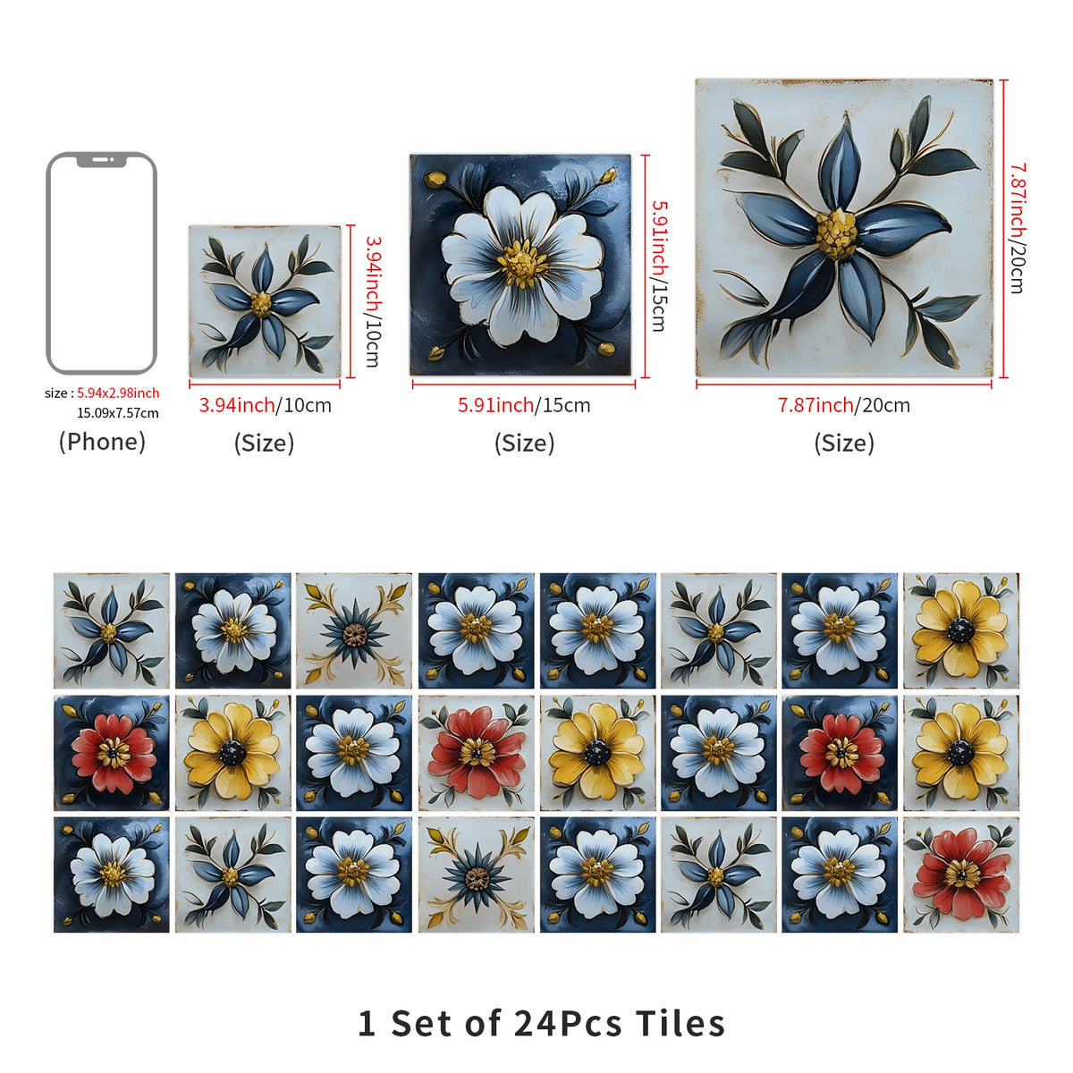 A set of 24 self-adhesive waterproof wall tiles featuring floral designs in various colors and shades.