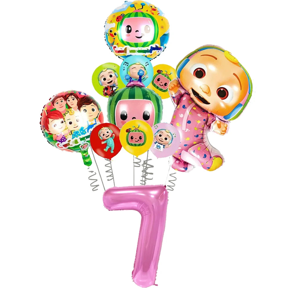 A set of cartoon Cocomelon watermelon foil balloons featuring various characters and a large number seven