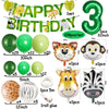 A set of safari jungle balloon garland arch kit featuring various colored balloons, palm leaves, and animal-themed decoration