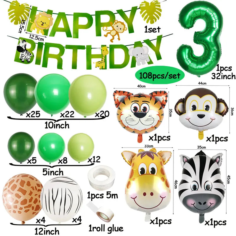 A set of safari jungle balloon garland arch kit featuring various colored balloons, palm leaves, and animal-themed decoration