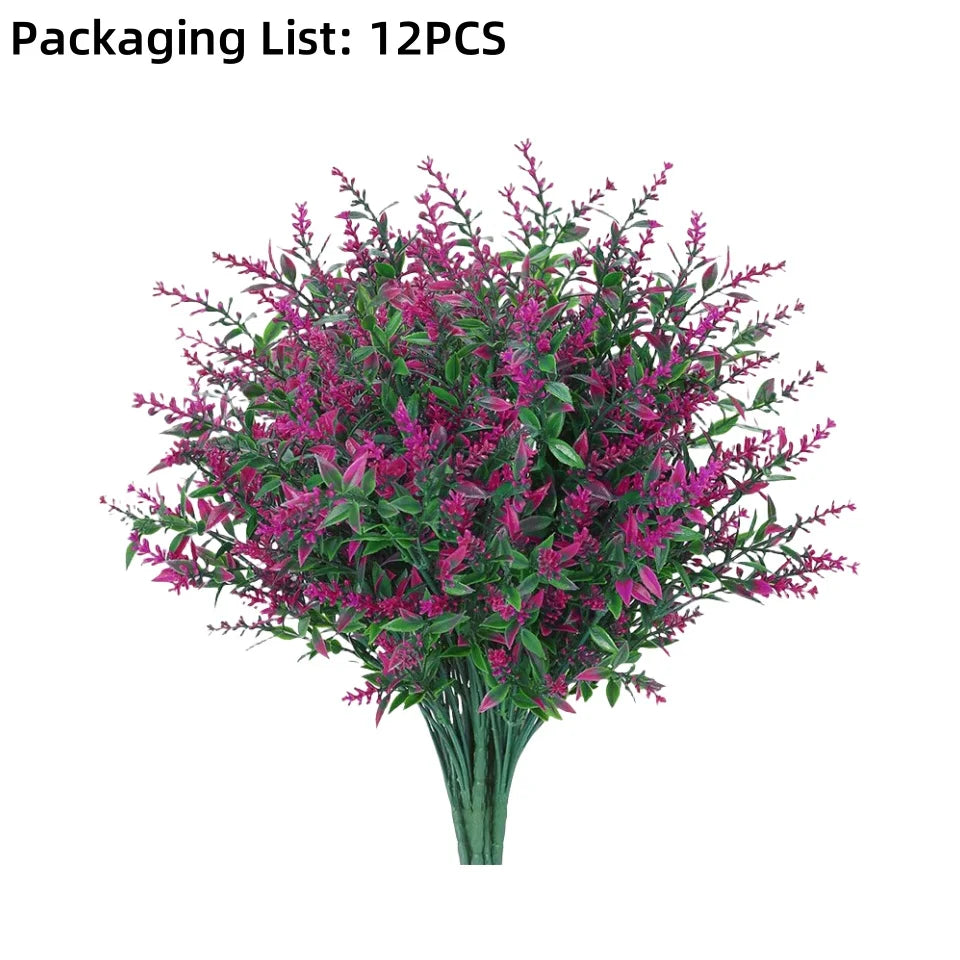 A bouquet of 12 artificial purple and pink lavender stems bundled together for outdoor decoration.