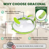A green transparent microwave splatter guard with an adjustable vent, handle, and storage groove shown on a kitchen counter.