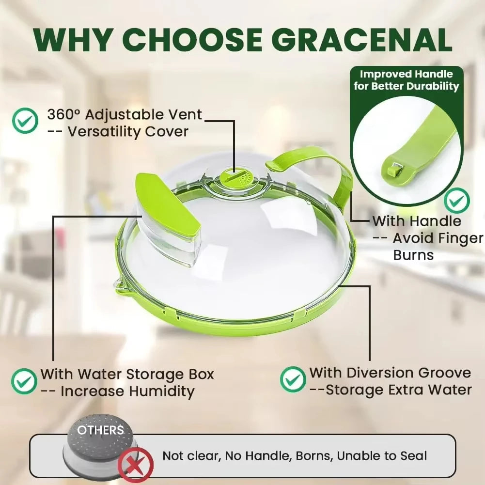 A green transparent microwave splatter guard with an adjustable vent, handle, and storage groove shown on a kitchen counter.