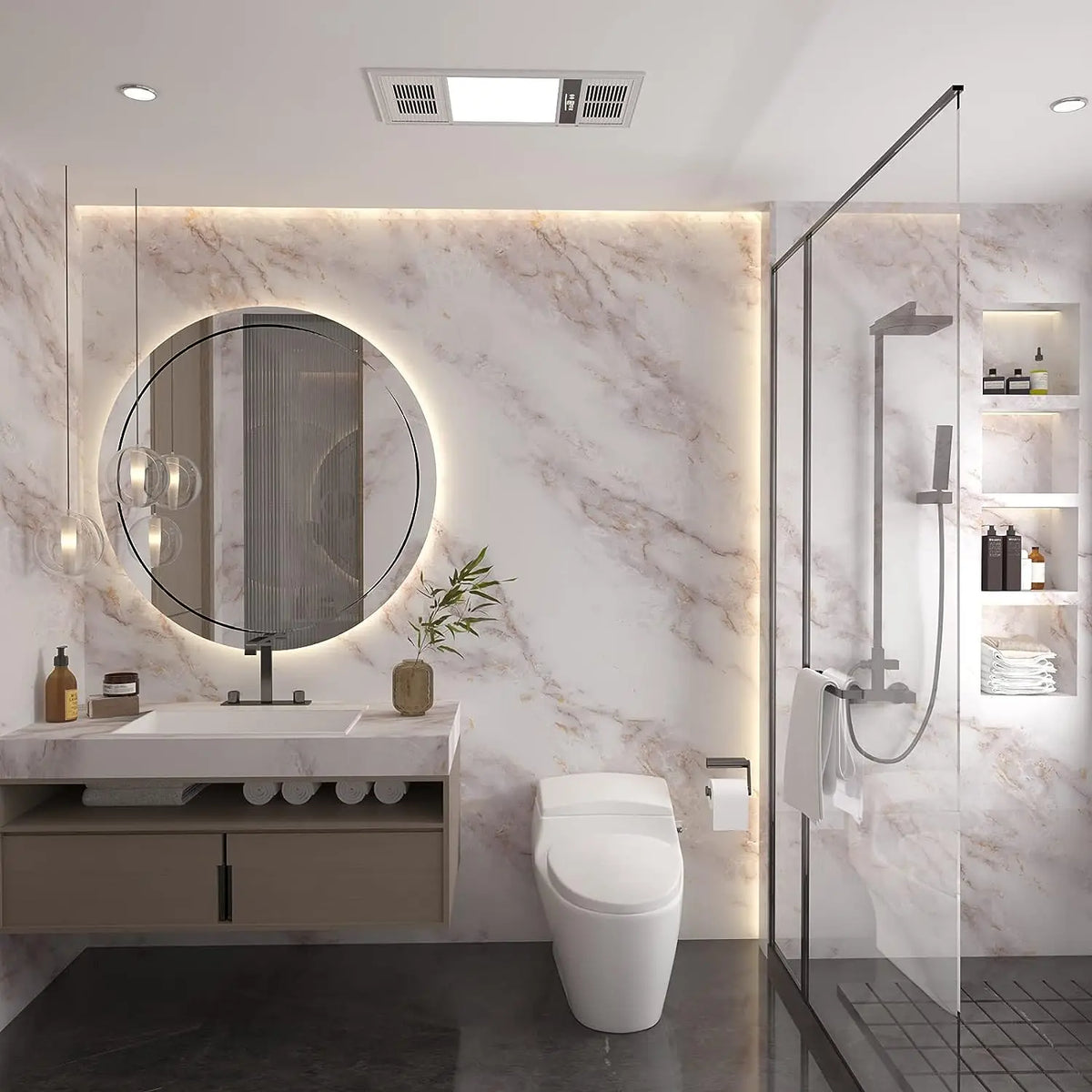Baño moderno con tocador de mármol, espejo redondo y cabina de ducha de vidrio con iluminación vertical.