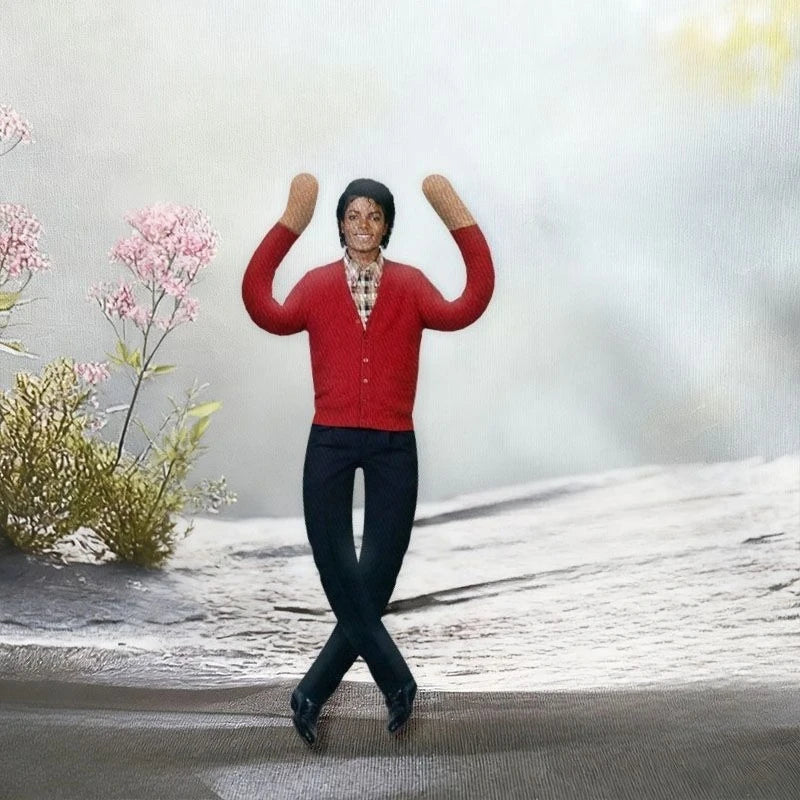 A red-shirted figure with black pants stands on a snowy surface, raising both arms in a pose.