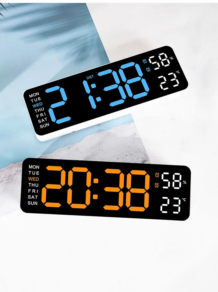 A digital wall clock displaying the time 2:38, temperature 58 degrees, and humidity percentage on a white surface.