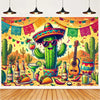 A vibrant photo backdrop featuring a sombrero, guitar, and cactus design with colorful banners and fiesta elements.