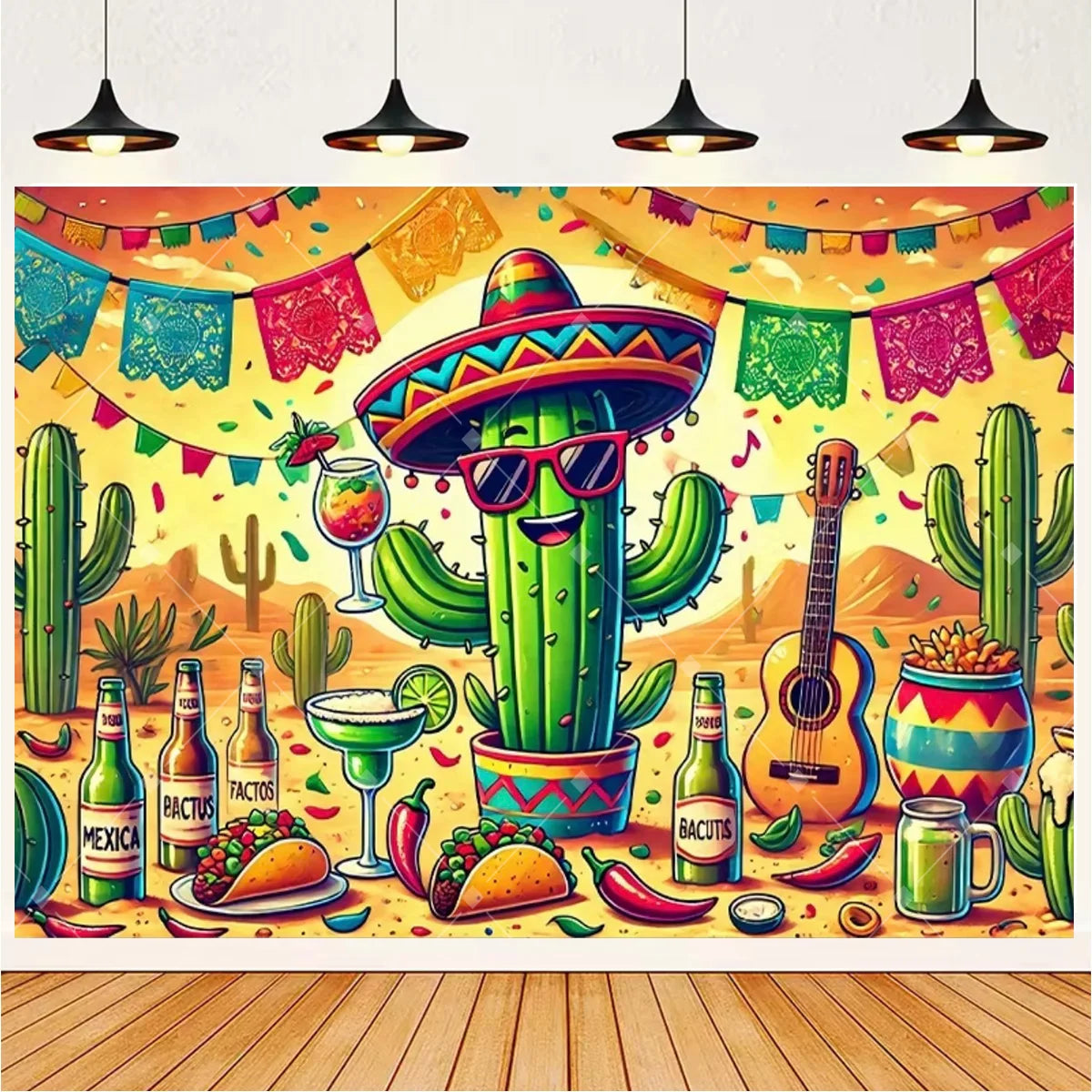 A vibrant photo backdrop featuring a sombrero, guitar, and cactus design with colorful banners and fiesta elements.
