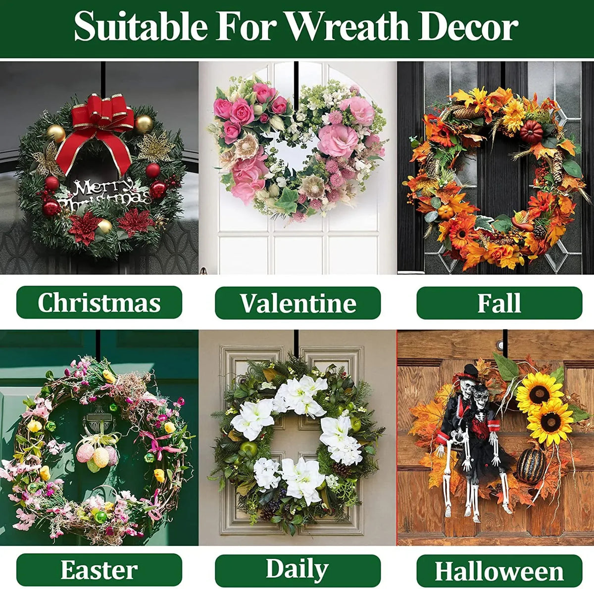 Porte-crochets de couronne métallique décorative pour portes, avec divers designs saisonniers (Noël, Saint-Valentin, Automne,