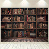 A wooden bookshelf filled with old books and leather-bound volumes.