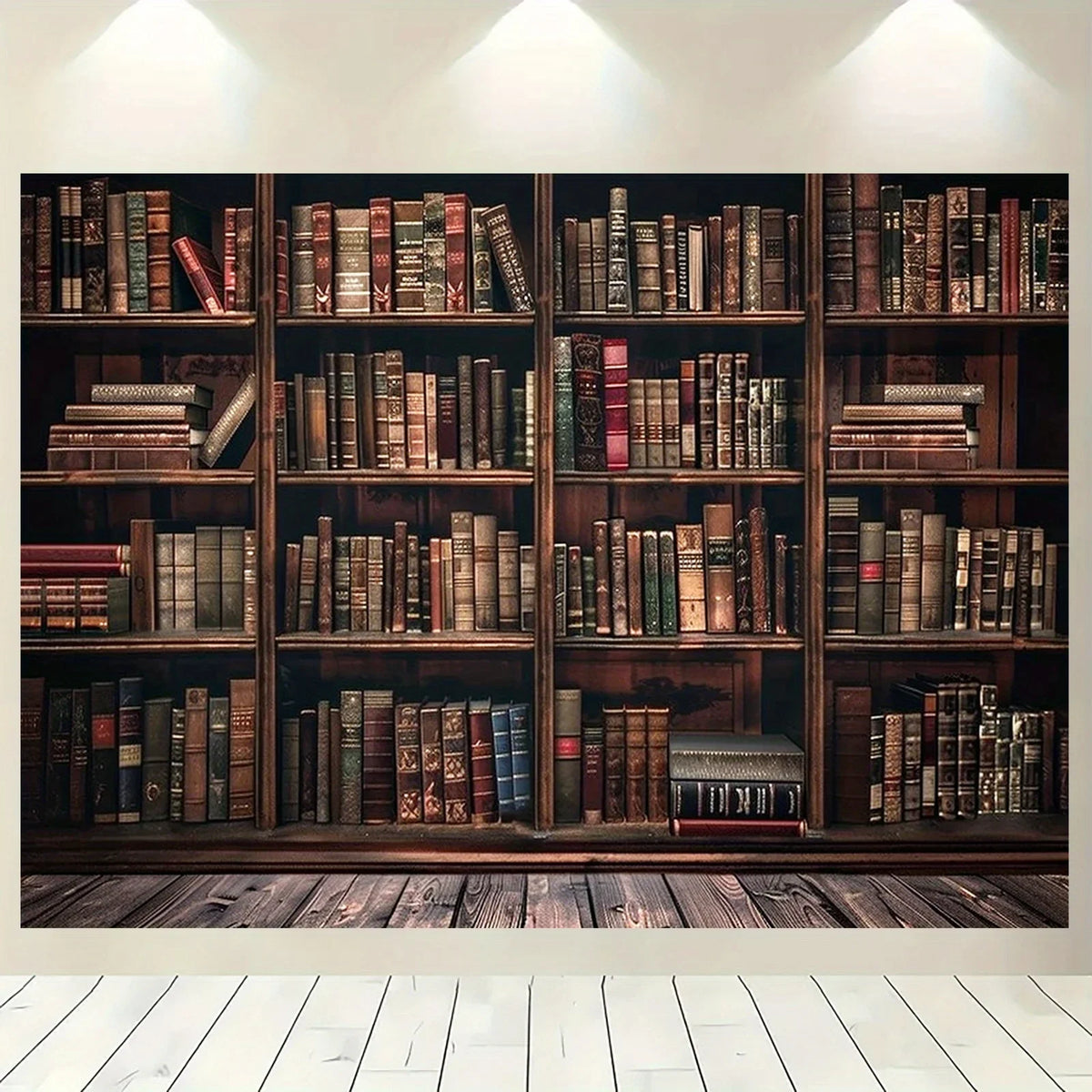 A wooden bookshelf filled with old books and leather-bound volumes.
