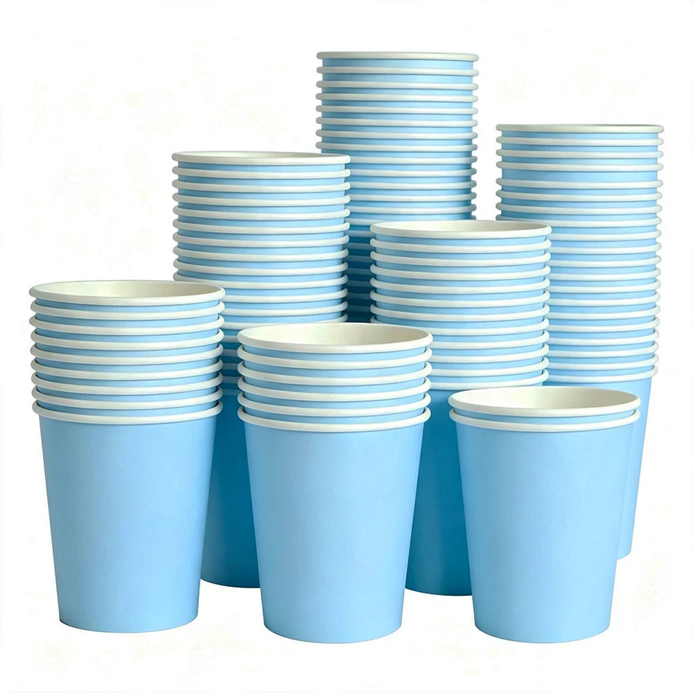 A stack of vibrant solid blue disposable paper cups in various sizes and heights.