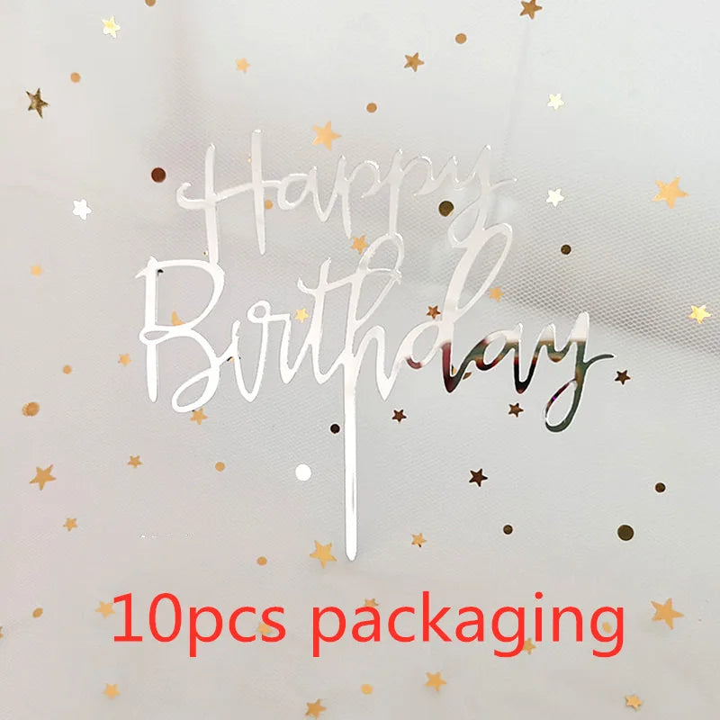 A clear acrylic sheet with 'Happy Birthday' written in silver script and scattered gold stars, indicating 10 pieces packaging