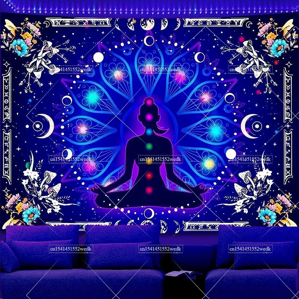 A dark blue tapestry featuring a silhouette of a meditating figure centered within a glowing lotus design.