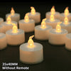 A row of white LED tea light candles with glowing yellow flames arranged on a dark surface.