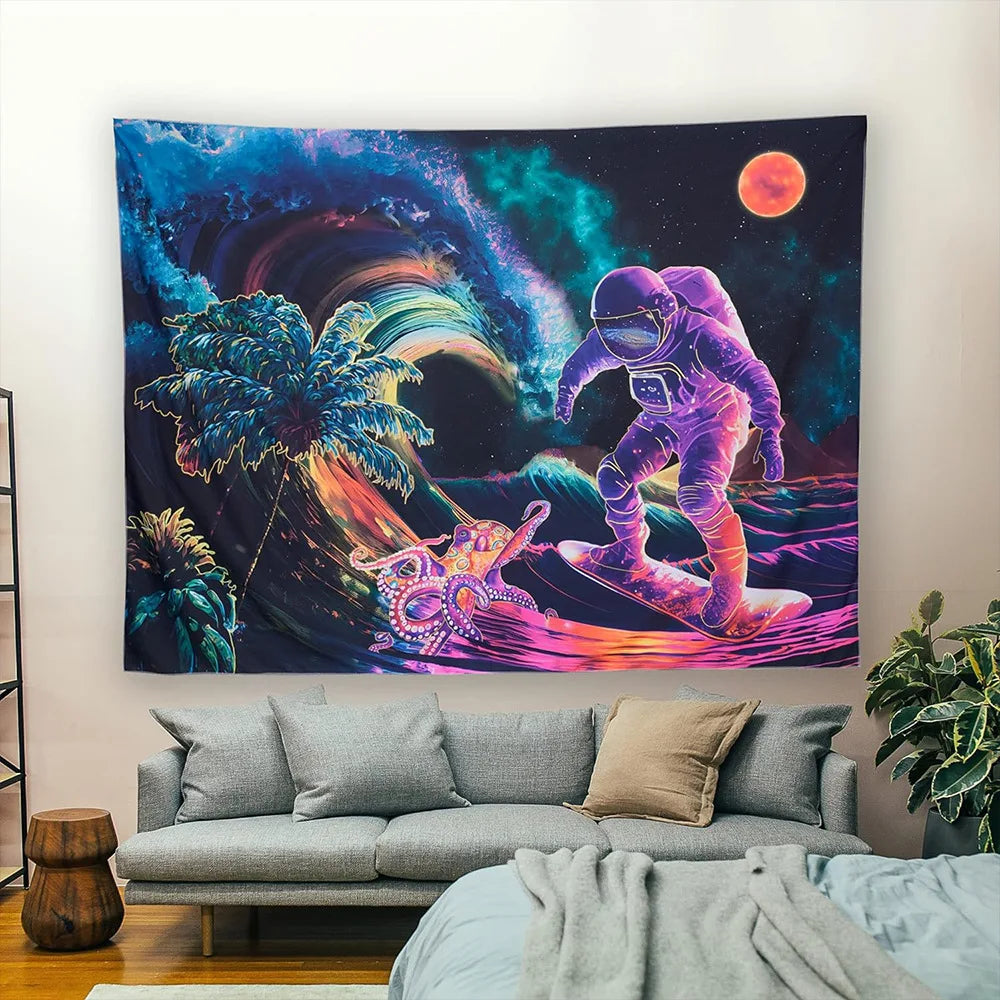 A dark tapestry featuring a vibrant cosmic scene with purple, blue, and orange hues, including an alien figure and a palm tre