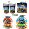 Monster truck birthday party decoration kit including cups, plates, and a backdrop featuring monster trucks.