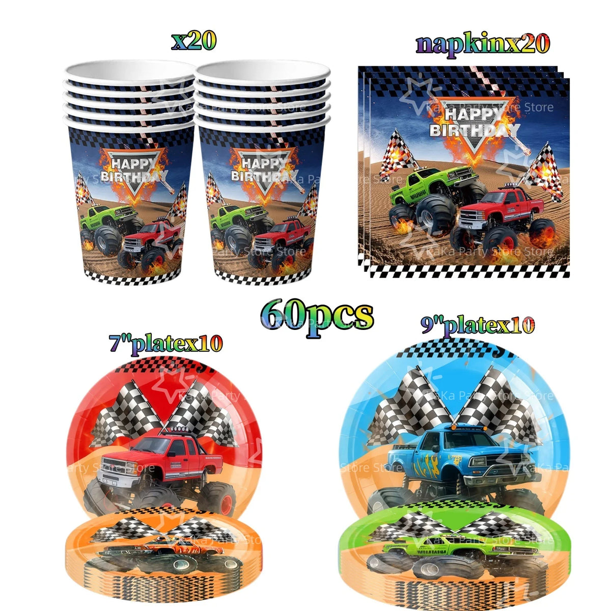 Monster truck birthday party decoration kit including cups, plates, and a backdrop featuring monster trucks.