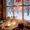 A decorative metal candlestick lantern with a lit candle sits on a windowsill covered in snow.