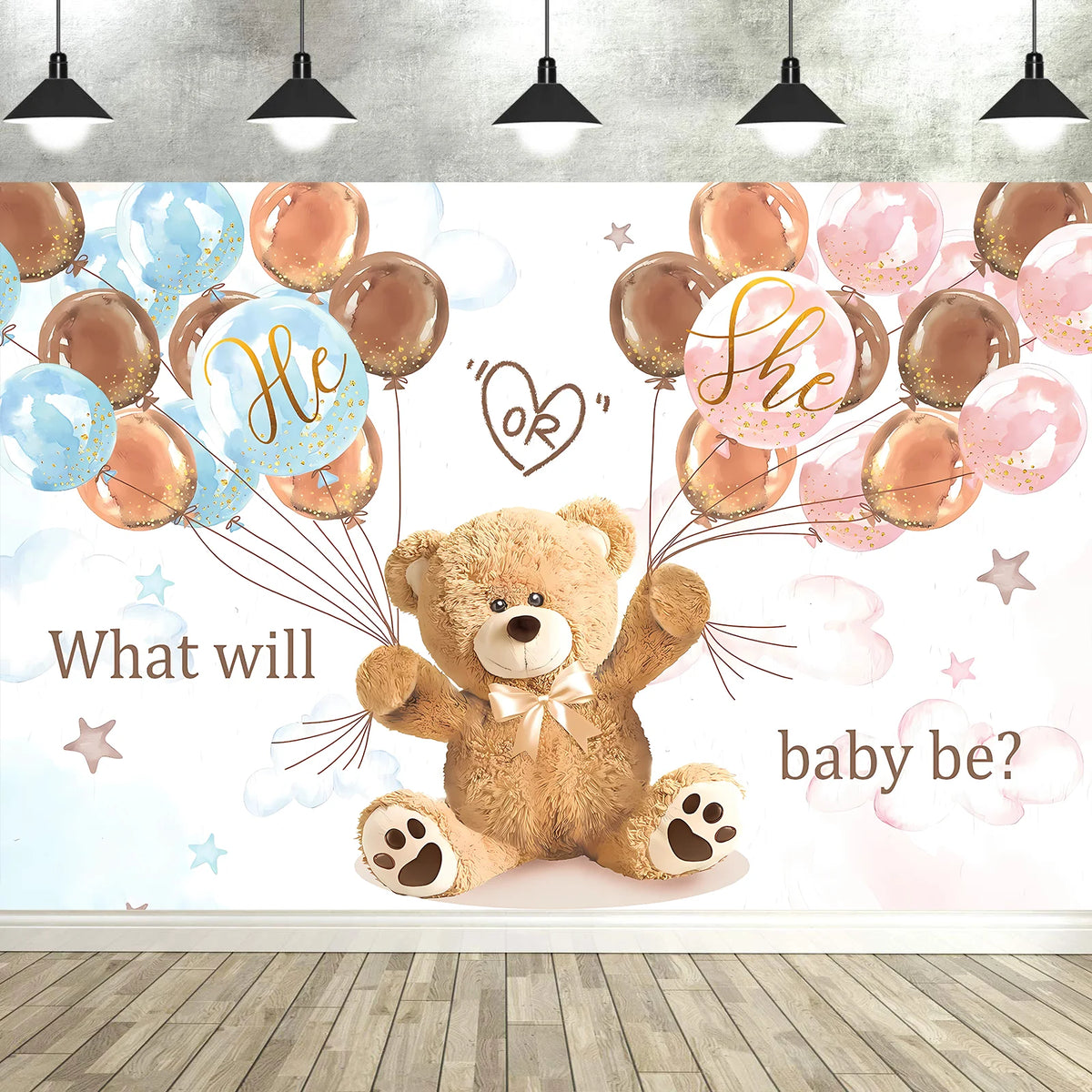 A photo backdrop featuring a cute cartoon teddy bear surrounded by pink and gold balloons with the text He or She baby be