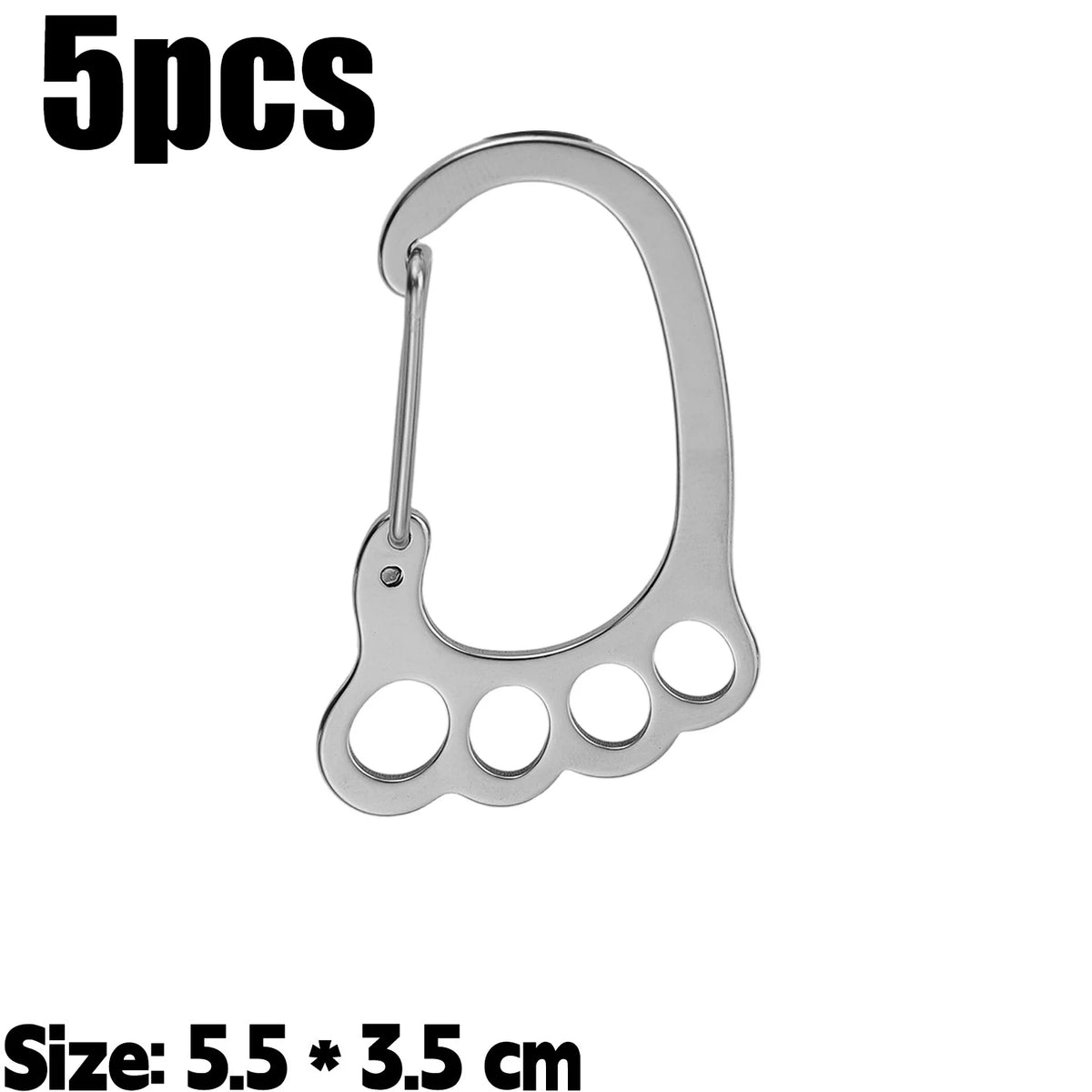 Five stainless steel keychains with multi-loop designs, measuring 5.5 by 3.5 cm.