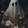 A ghostly white veil with black cat eyes floats above a dense arrangement of dried flowers and foliage.