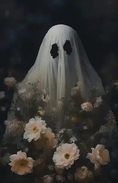A ghostly white veil with black cat eyes floats above a dense arrangement of dried flowers and foliage.