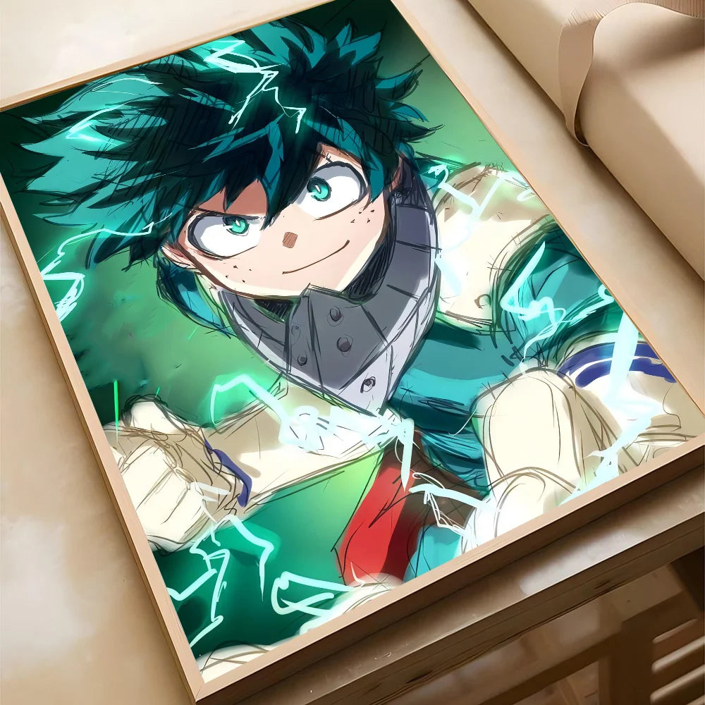 A vibrant anime poster of Izuku Midoriya Deku with green lightning effects, displayed in a wooden frame.