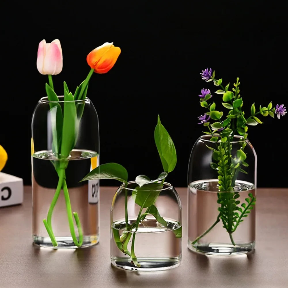 Three clear glass hydroponic vases display vibrant pink and orange tulips and green plants on a wooden surface.