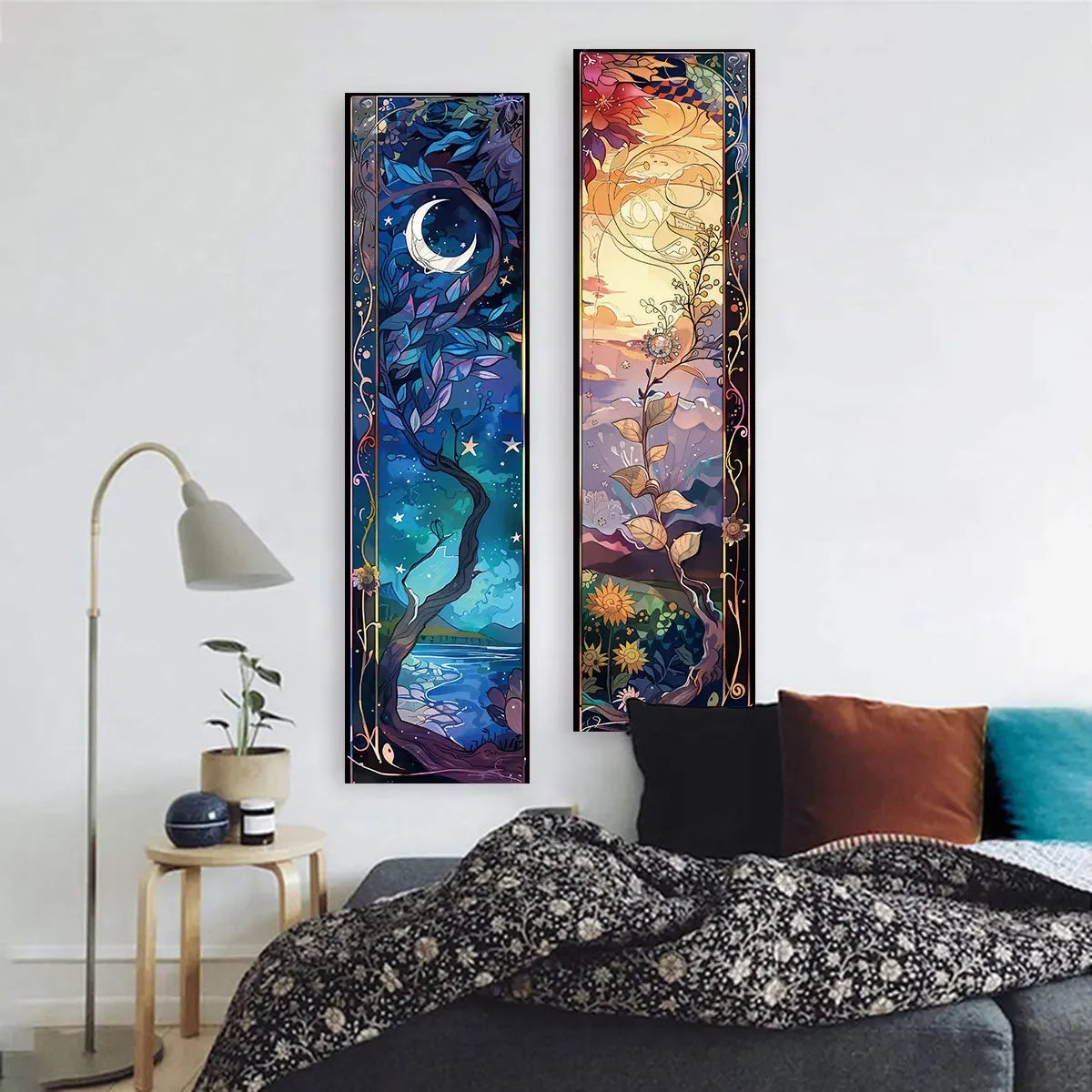 A vertical tapestry featuring a bohemian tree of life design with vibrant colors and celestial elements.