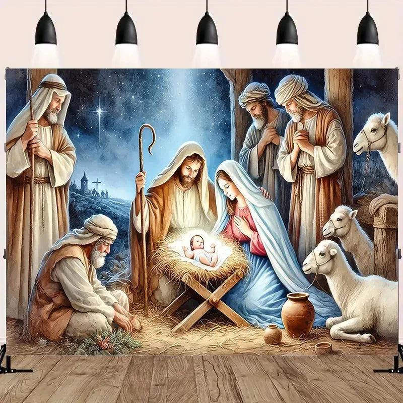 A painting depicting a biblical scene with figures, animals, and a starry sky.