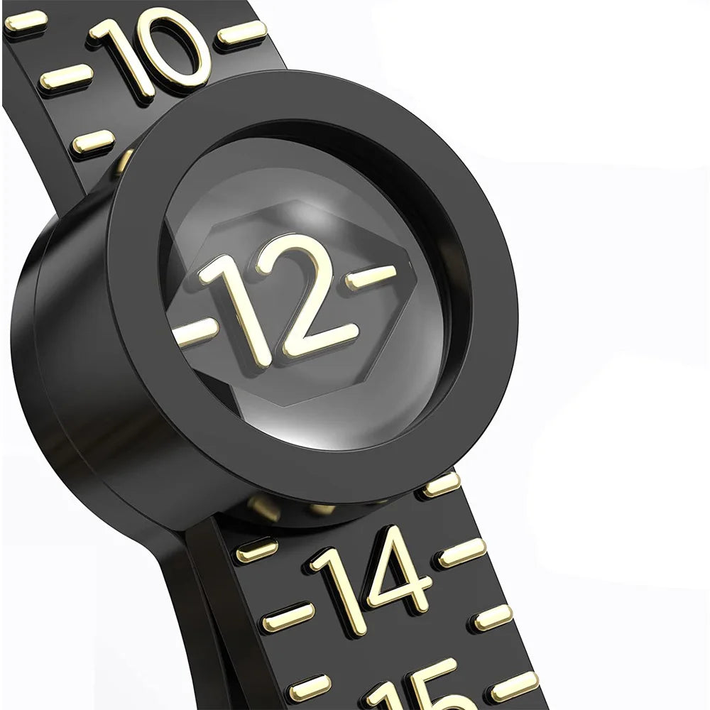 A close-up view of a black adjustable ring sizer with a built-in magnifier showing the number twelve.