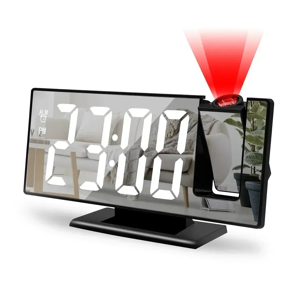A digital projection alarm clock displaying 3:00 and a red light beam illuminating the display.