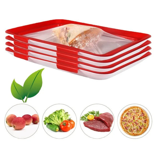 Stackable reusable food preservation tray with a clear plastic lid and red frame, shown alongside various foods.