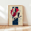 Japanese crane canvas wall art featuring a white crane in flight against a red and blue background