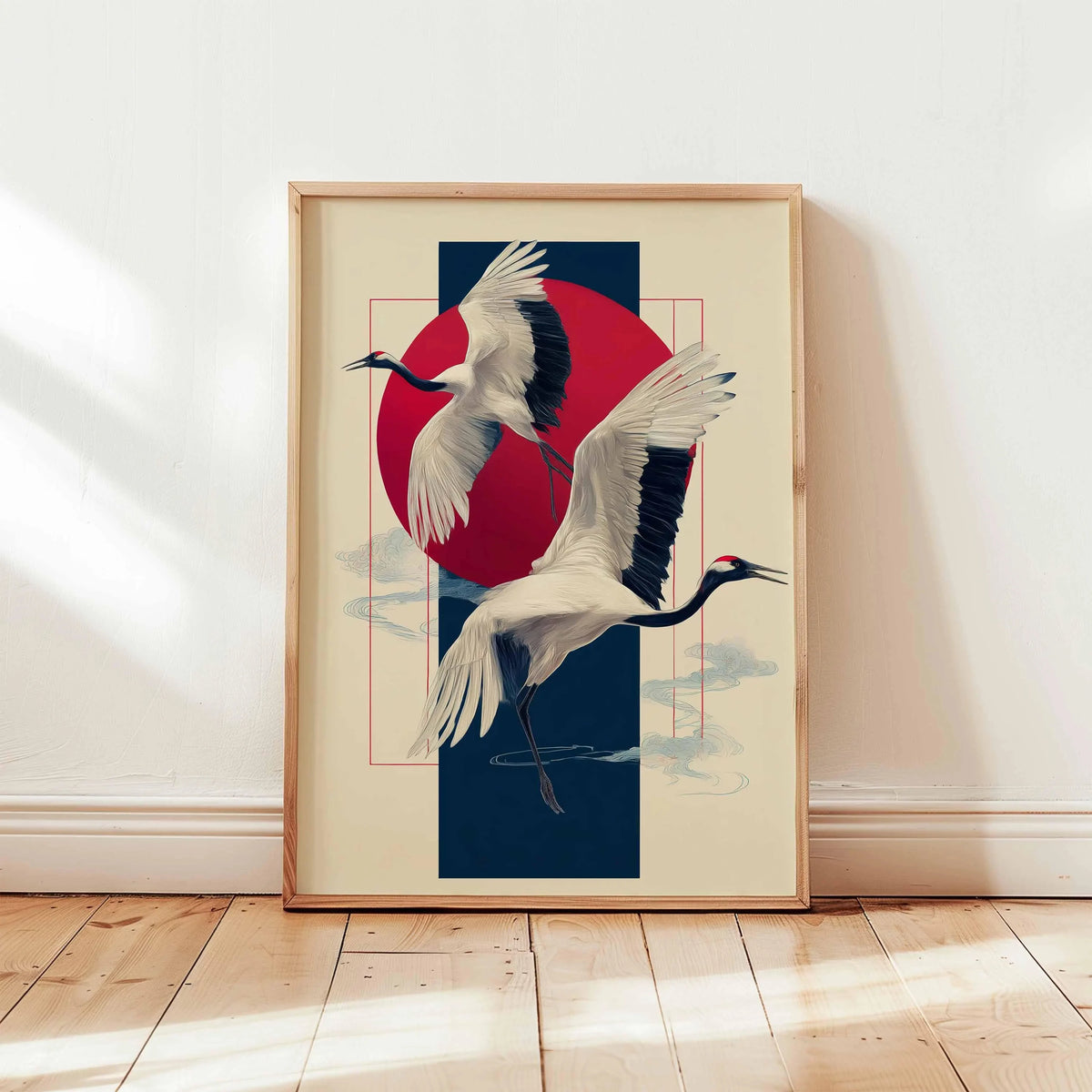 Japanese crane canvas wall art featuring a white crane in flight against a red and blue background