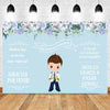 A light blue backdrop featuring floral greenery and text for a First Communion celebration with a young boy.