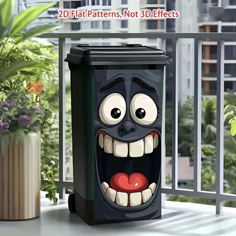Poubelle noire décorée d'un visage de dessin animé amusant, avec des grands yeux et une bouche ouverte montrant dents et lang