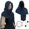 A dark blue hooded cloak draped over a person's shoulders with a silver Viking-style brooch and accompanying accessories.