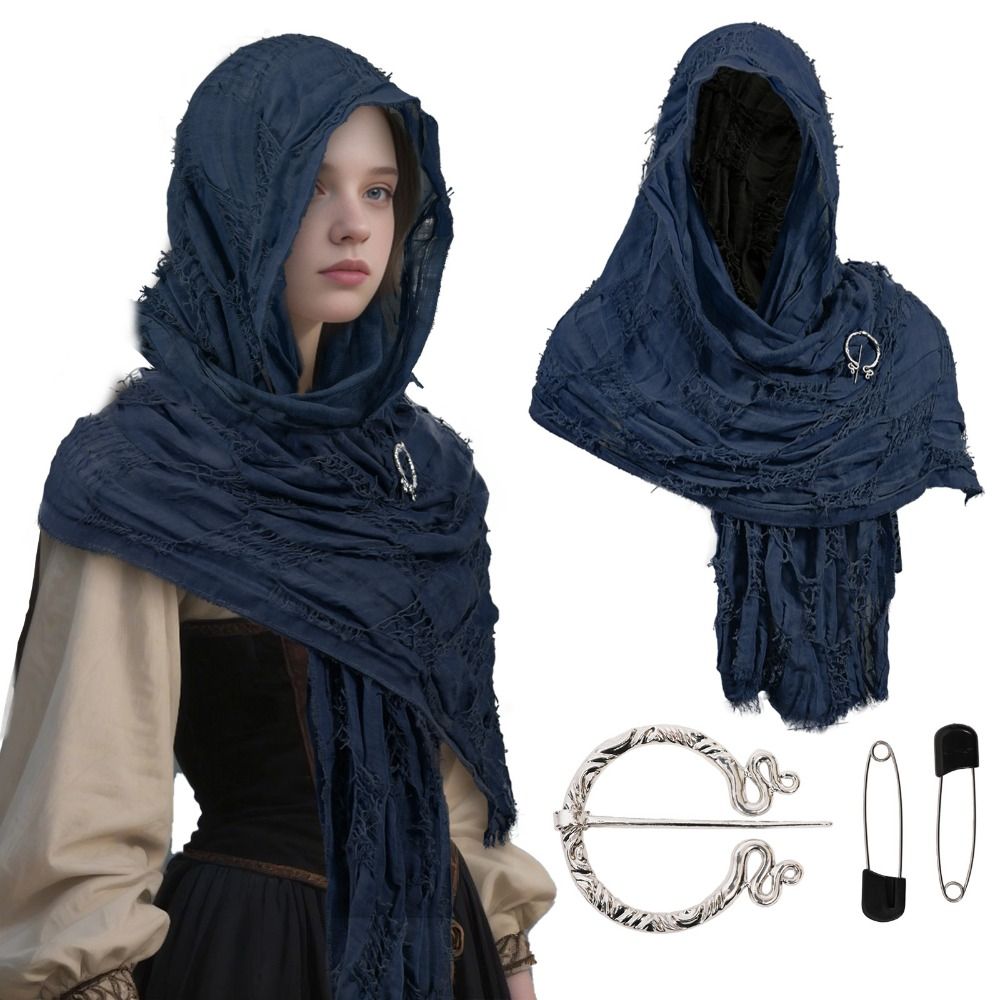 A dark blue hooded cloak draped over a person's shoulders with a silver Viking-style brooch and accompanying accessories.