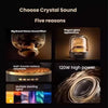 A transparent RGB Bluetooth speaker is shown with various features including stereo sound effects, glass appearance, multi-fu