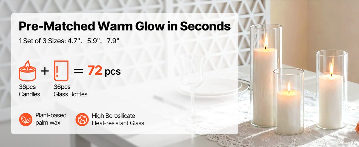 A set of three glass cylinder vases with pillar candles, demonstrating pre-matched warm glow for home décor.